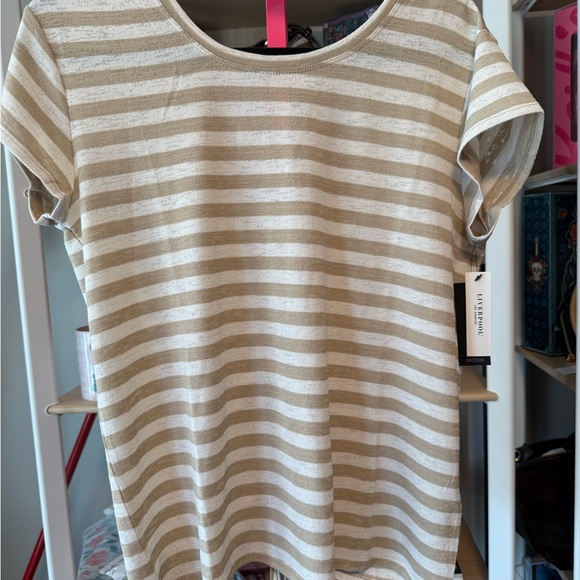 Liverpool Beige and White Striped Short Sleeve Tee with V back. NWT. Size medium - Picture 4 of 6